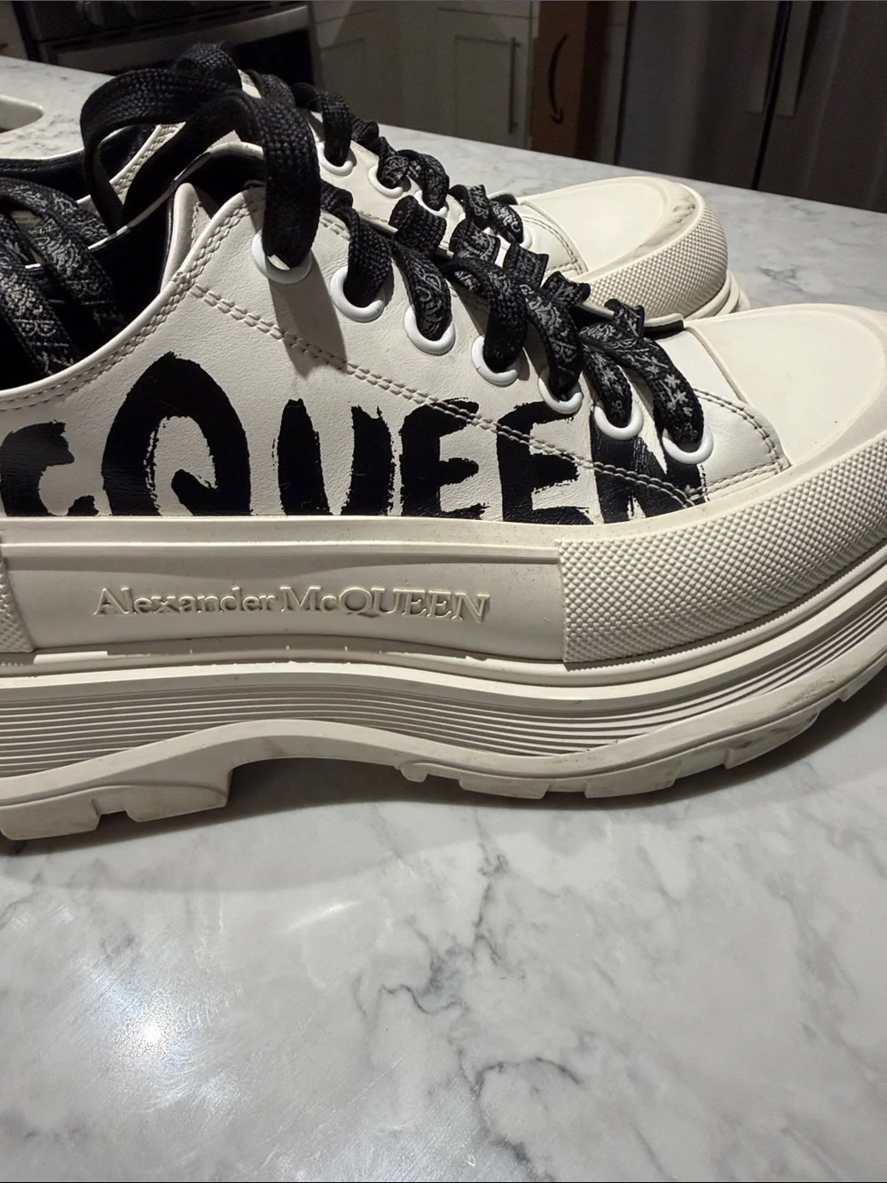 Alexander McQueen White Leather Platform Sneakers with Black Graphic